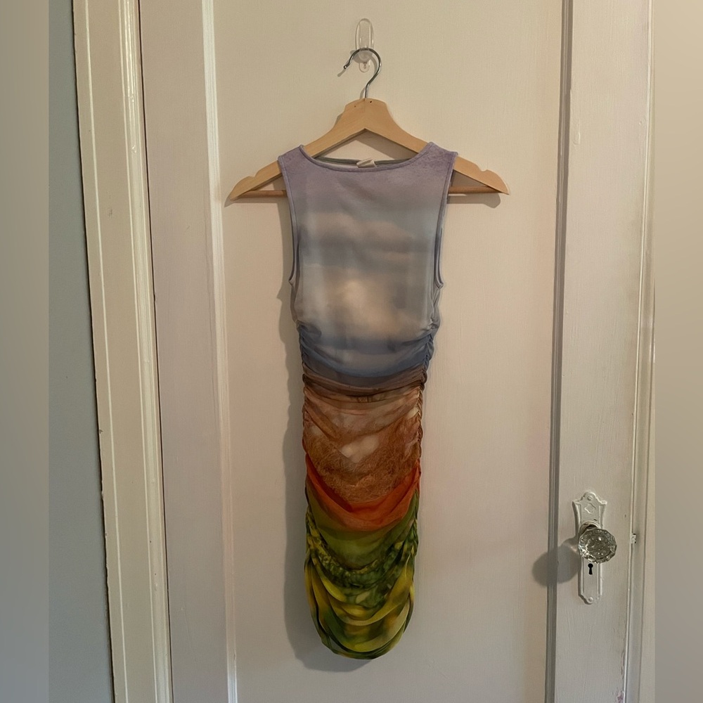 Urban Outfitters XXS Ruched Landscape Printed Mesh Tank Mini Dress